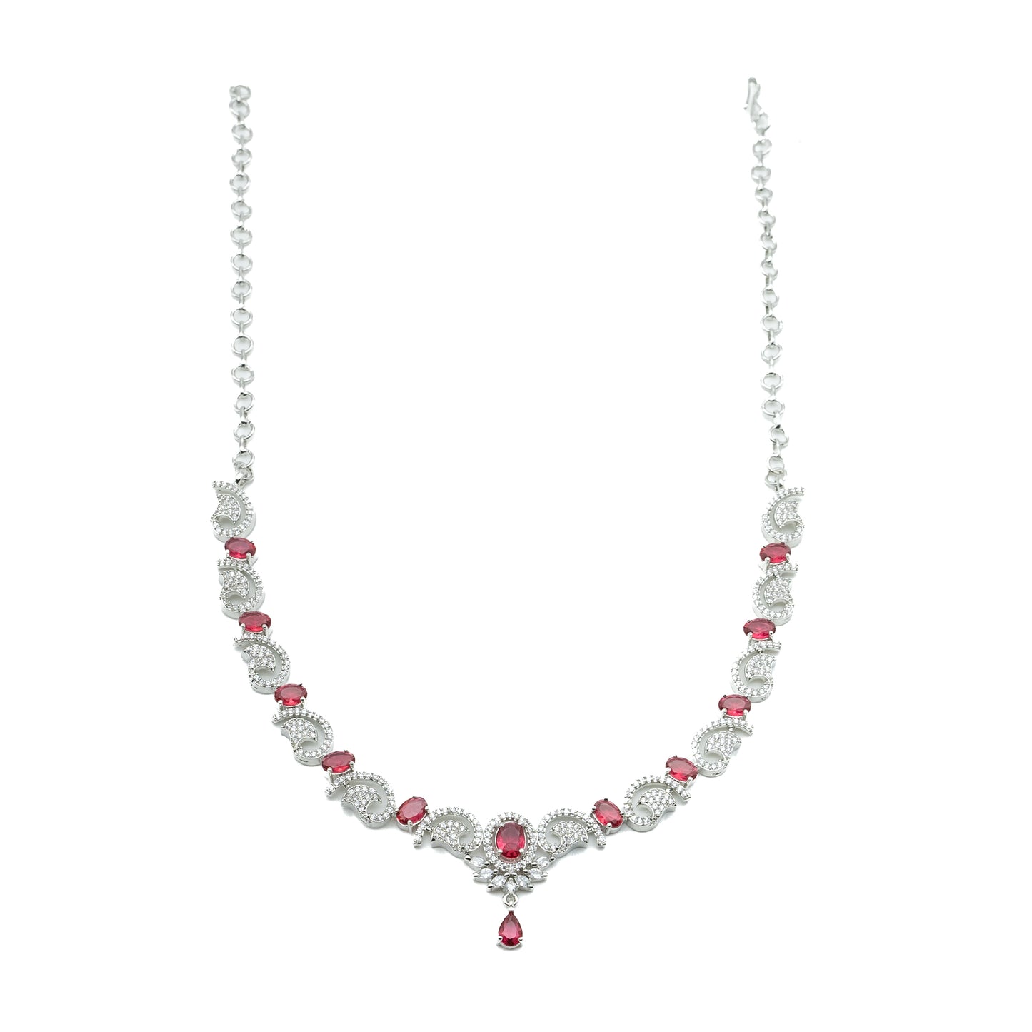 Ruby Necklace Set with Earings - Cubic Zirconia - AD