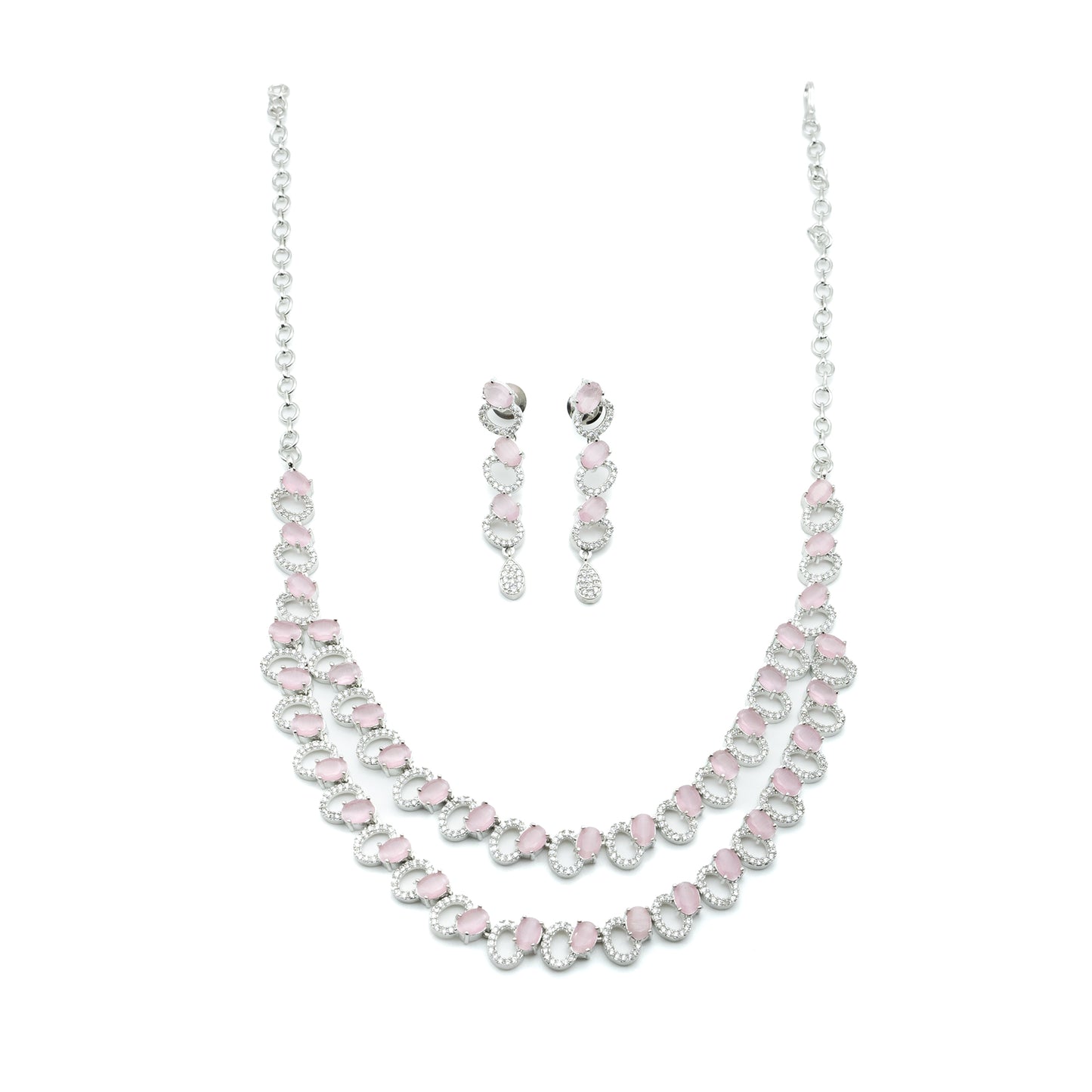 Pink Stone Necklace Set with Earings - Cubic Zirconia - AD