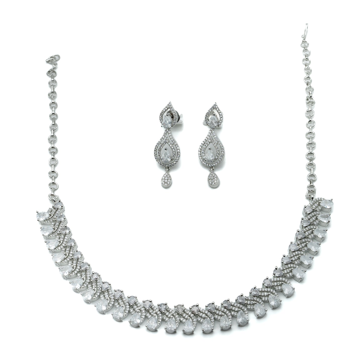 Silver Necklace Set with Earings - Cubic Zirconia - AD