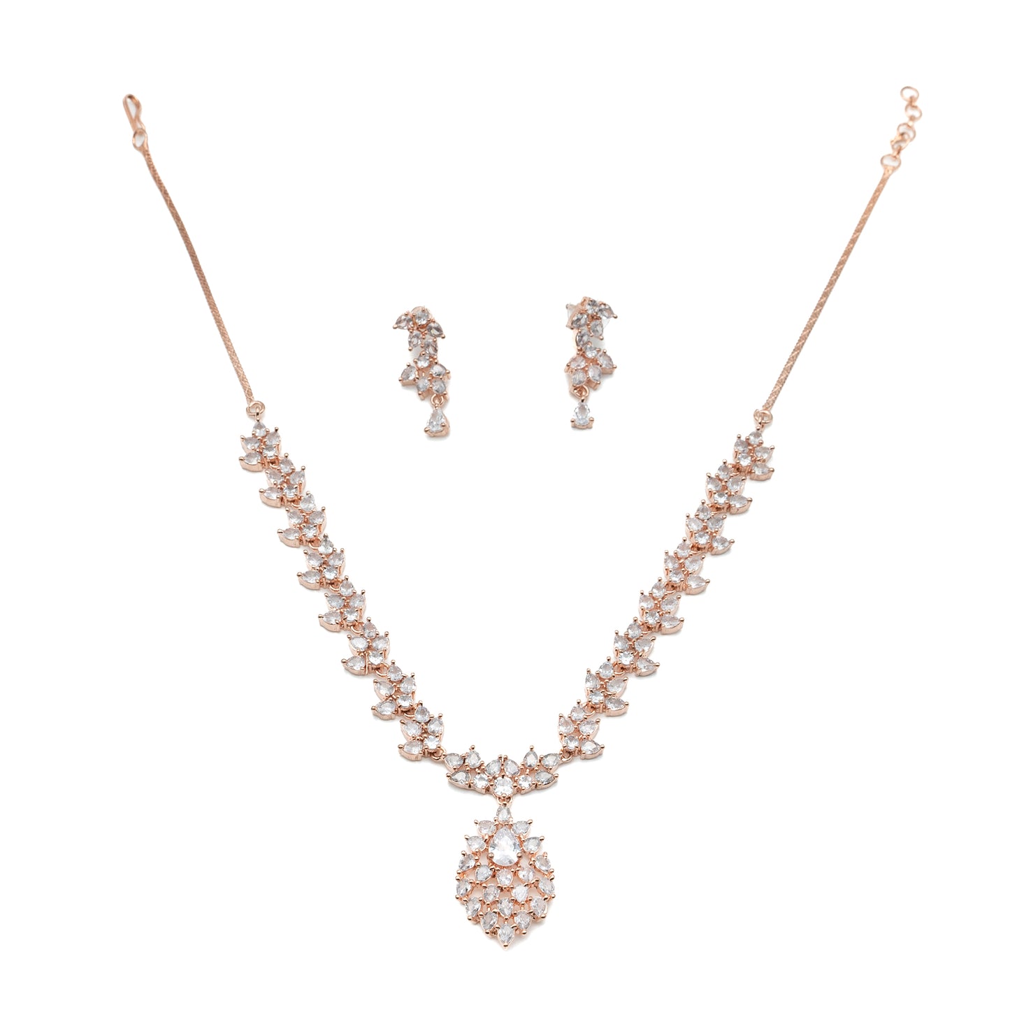 Rose Gold Necklace Set with Earings - Cubic Zirconia - AD