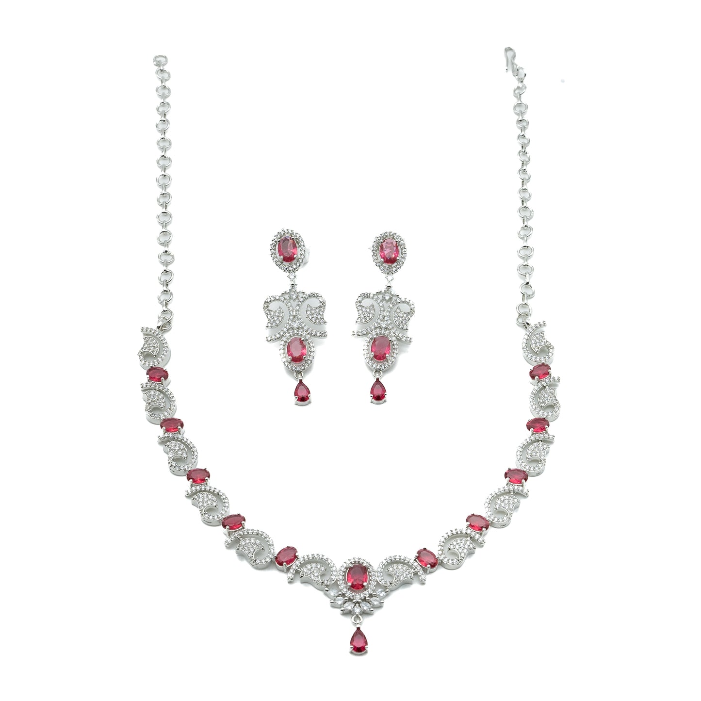 Ruby Necklace Set with Earings - Cubic Zirconia - AD