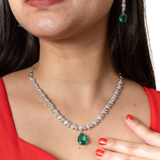 Emerald Necklace Set with Earings - Cubic Zirconia - American Diamonds