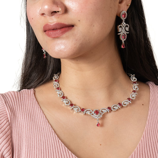 Ruby Necklace Set with Earings - Cubic Zirconia - AD