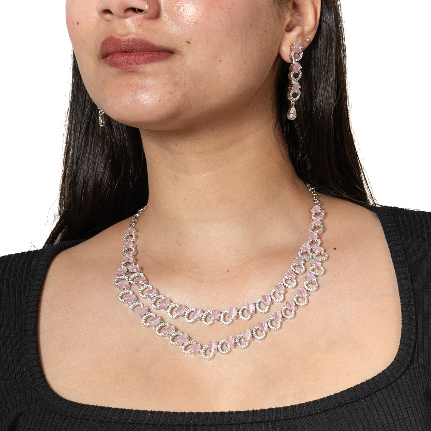 Pink Stone Necklace Set with Earings - Cubic Zirconia - AD